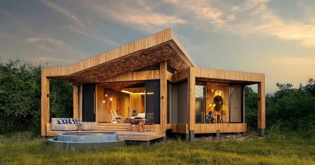 Luxurious safari tent exterior at Asanja Grumeti with Serengeti plains view