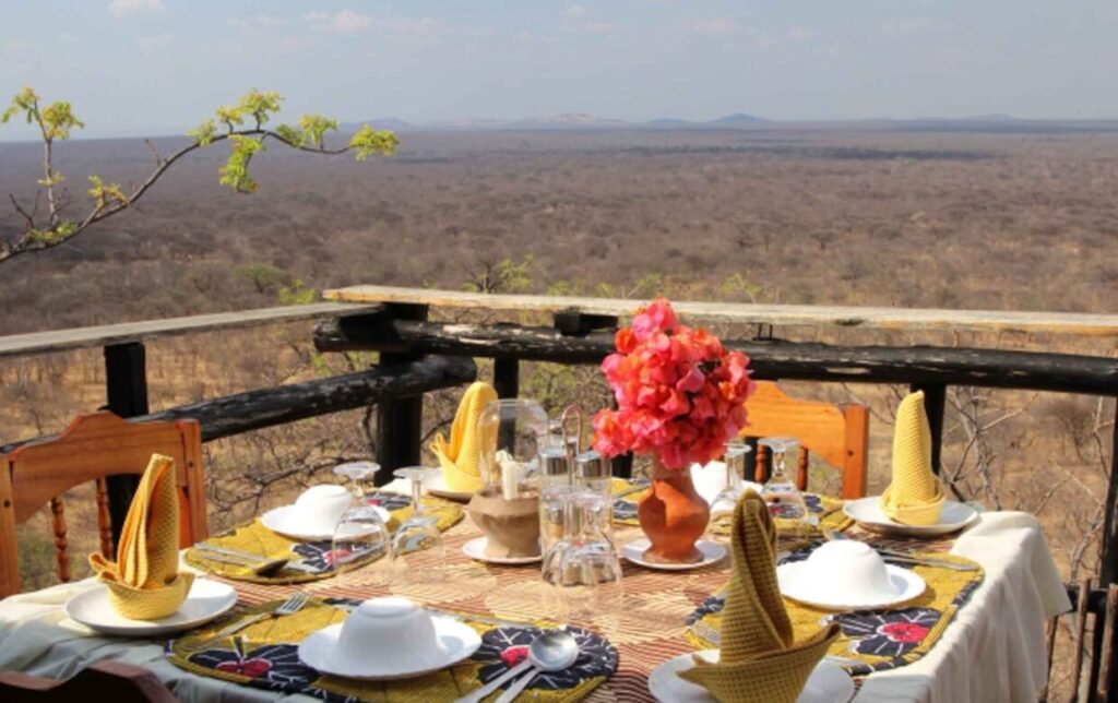 Panoramic view from Ruaha Hilltop Lodge overlooking the vast savanna plains