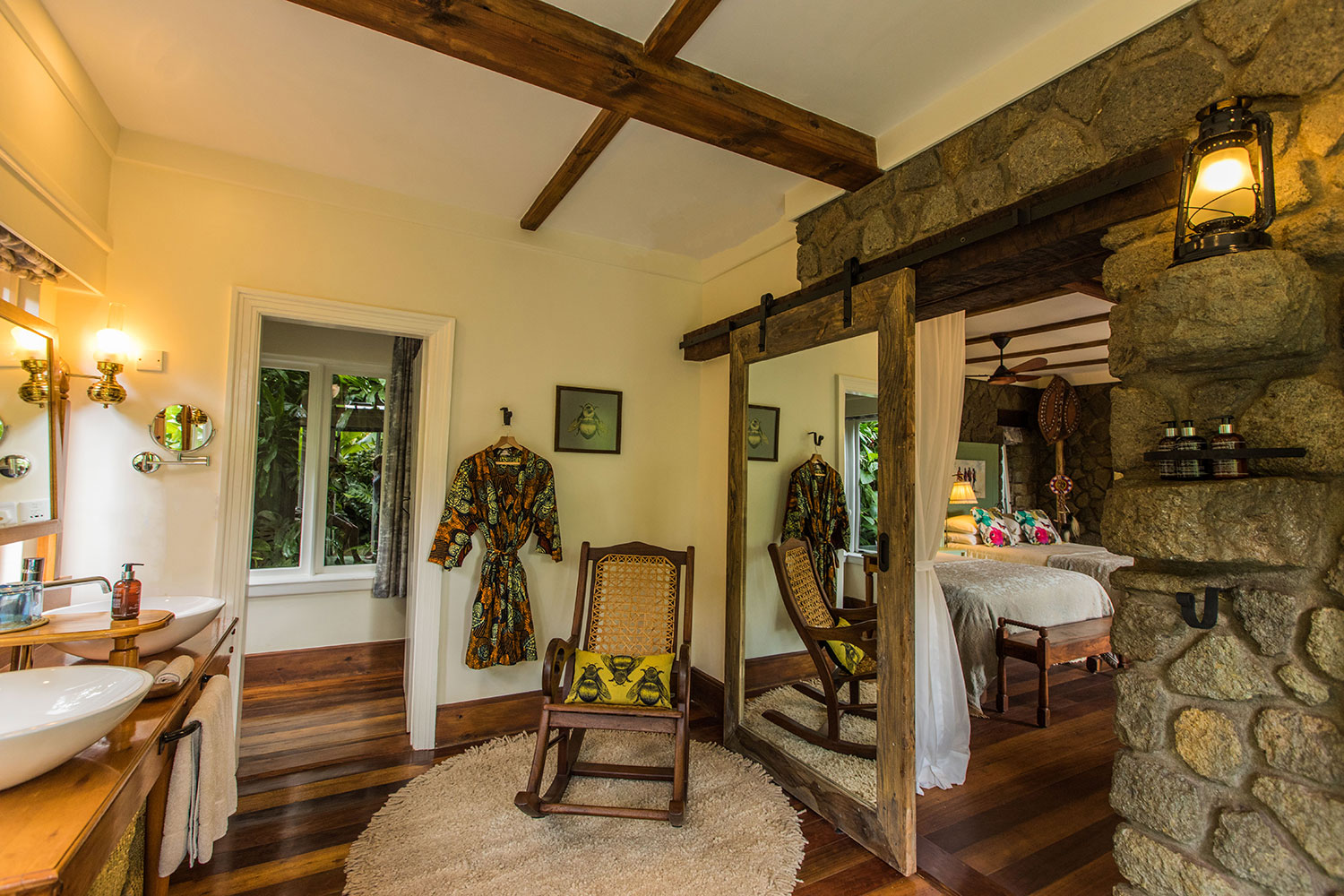 Interior of a charming cottage with fireplace at Gibb's Farm