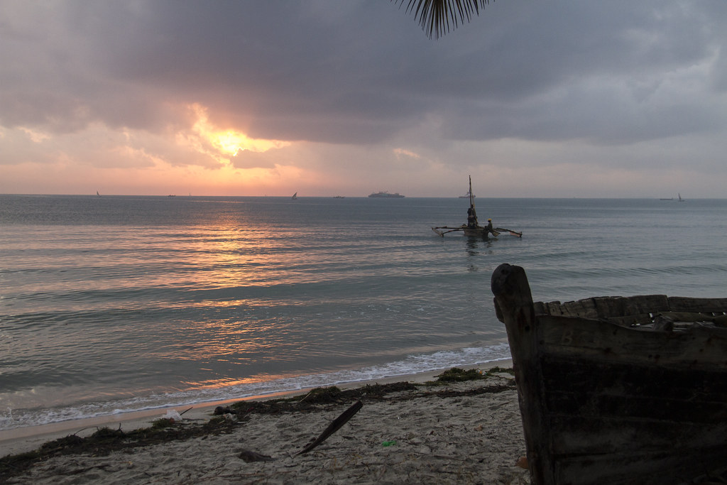 Traditional dhow boats moored near the historic port of Bagamoyo.