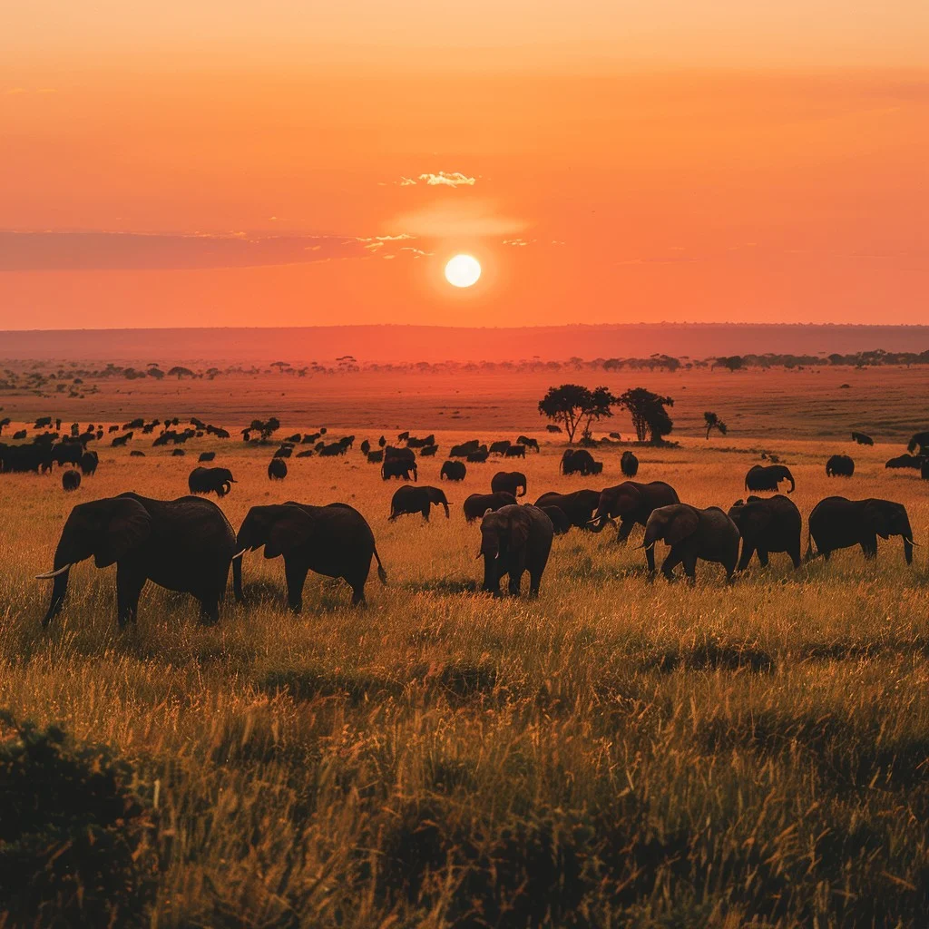 A large elephant herd, led by a matriarch, walking across the plains of Tanzania.